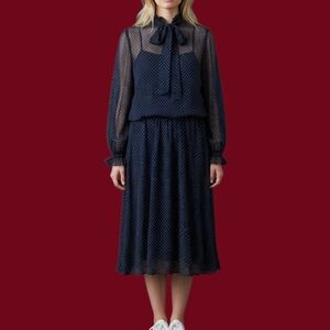 VTG AJ BARI Navy Pin Dot Chiffon Blouson Ruffle Bow Tie Castlecore Shirt Dress